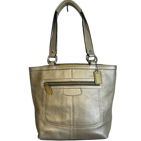 Coach L Shoulder Bag Pebbled Leather Metallic Silver Purse Tote Duo Handles - Picture 1 of 16